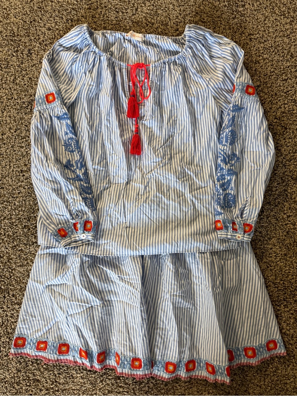 Tory Burch Madison Tunic Shirt Skirt Set of 2 Embroidered Striped Size Small & 0